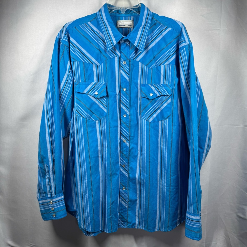 Wrangler Men's Blue Striped‎ Western Pearl Snap Shirt Long Sleeve 2XL